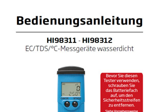 Die Bedienungsanleitung (Stand 2023) in deutsch für den Leitfähigkeits-/TDS-/°C-Tester Hanna DIST®5 HI98311 als PDF zum herunterladen und ausdrucken