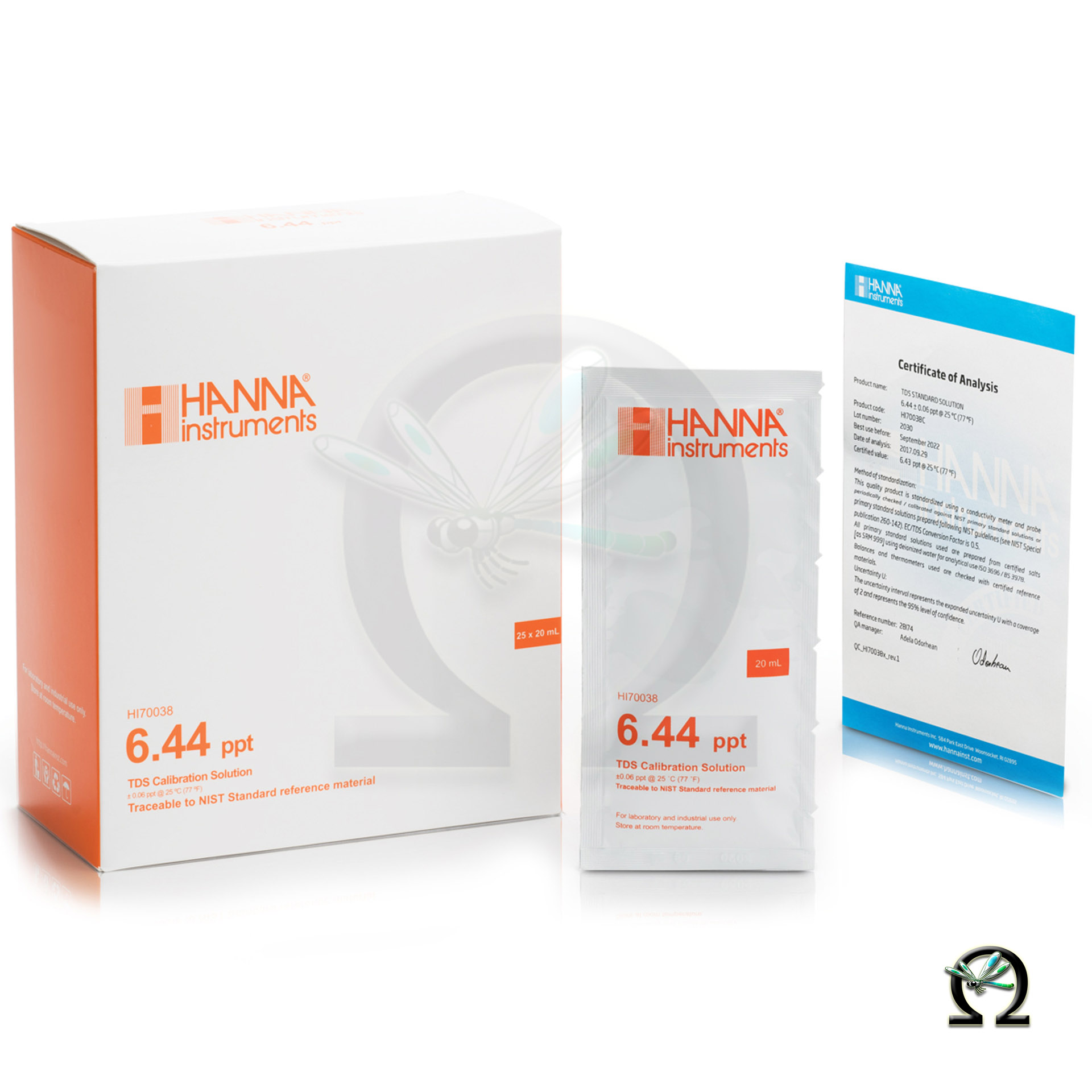 Hanna TDS-Kalibrierlösung HI70038P 6,44 ppt (g/l) im Portionsbeutel mit Analysezertifikat
